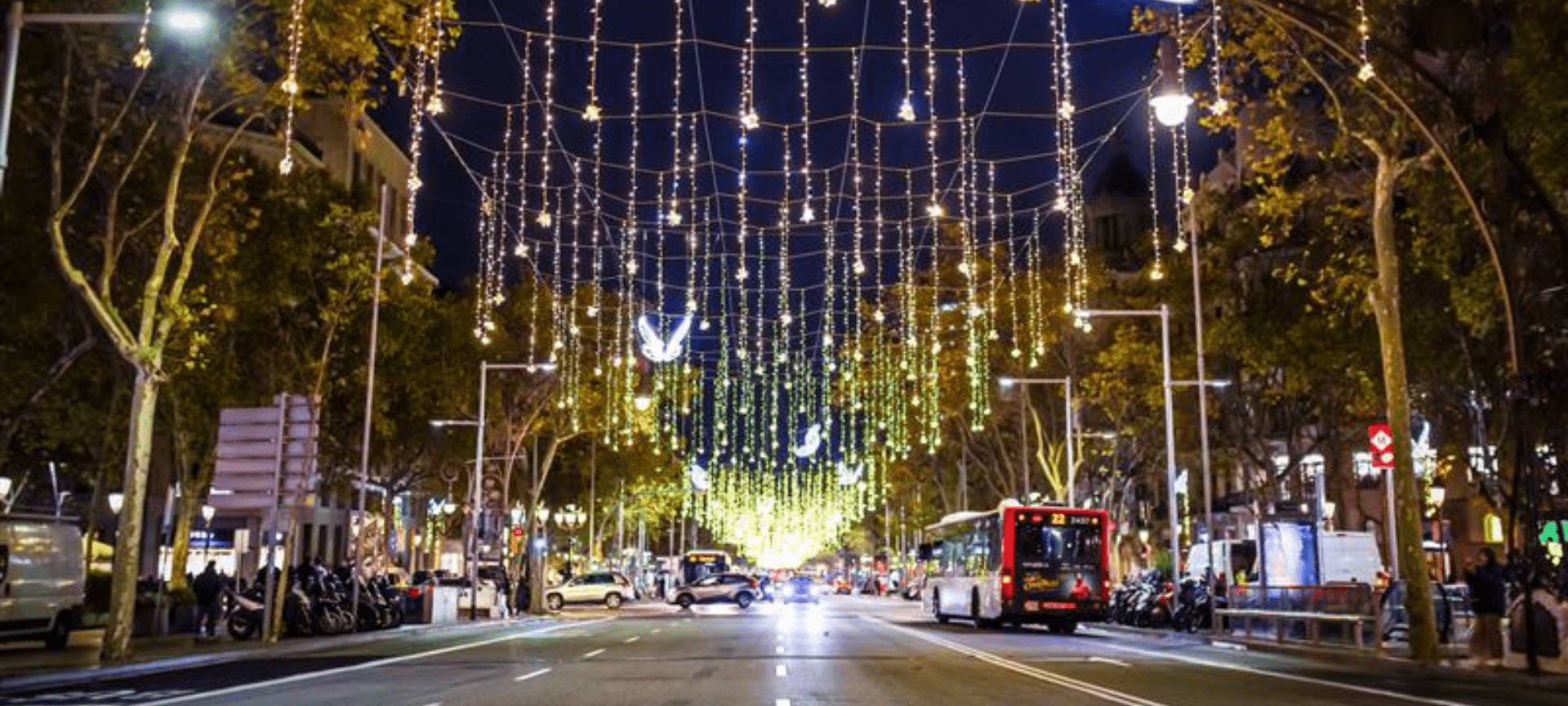 Image of Barcelona's Passeig de Gr&agrave;cia illuminated with Christmas lights. 