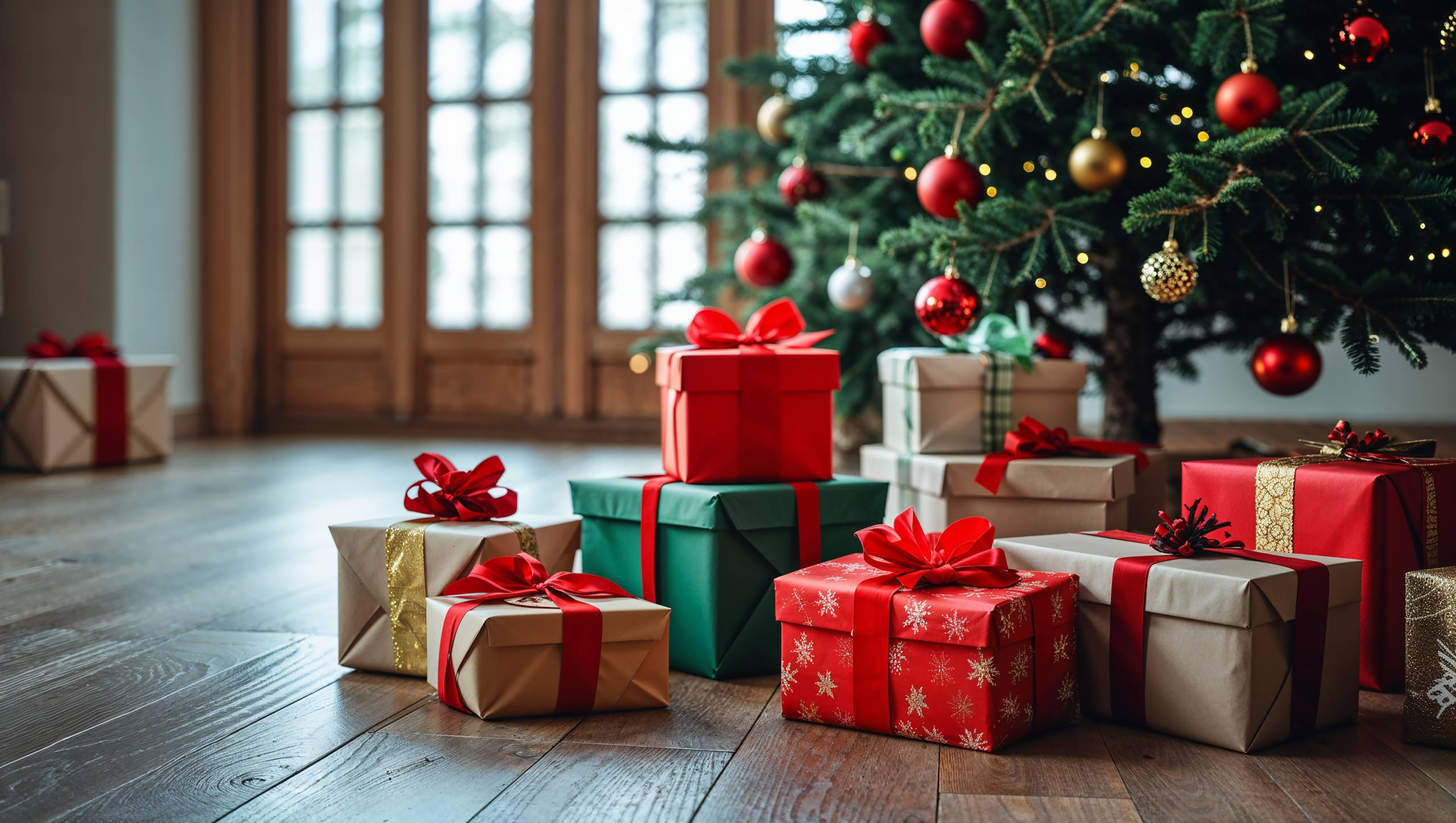 Several wrapped gifts under a Christmas tree, part of Marina Port Vell&rsquo;s initiative to raise funds so that over 100 families in Barceloneta receive gifts for Epiphany, creating a festive and supportive holiday atmosphere